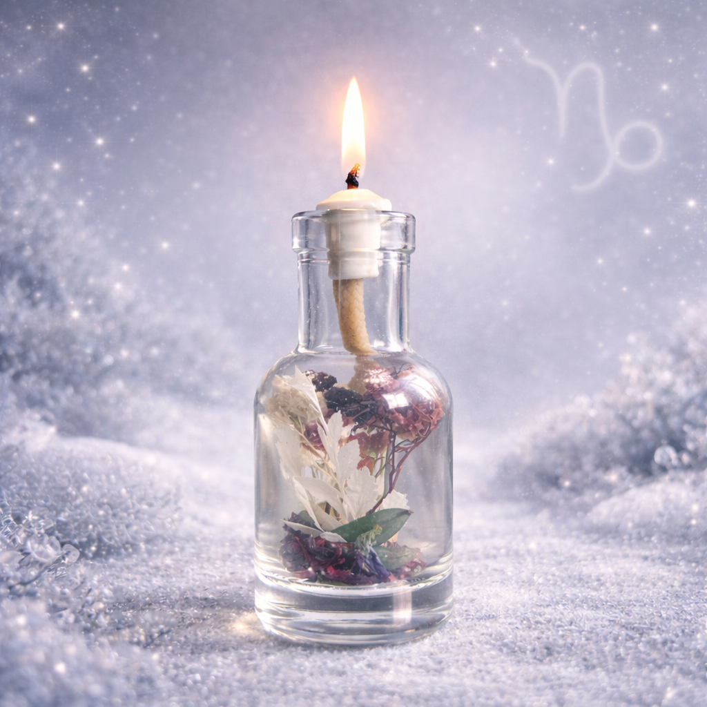 Capricorn oil candle from Logos Candles with a decorative zodiac symbol in a warm, inviting setting.
