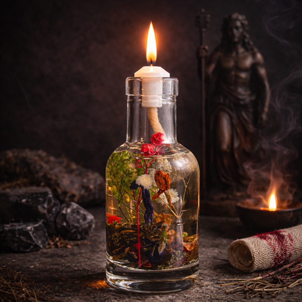 Logos Candles Chiron oil candle with a sleek glass container and lit wick, creating a warm, ambient glow.