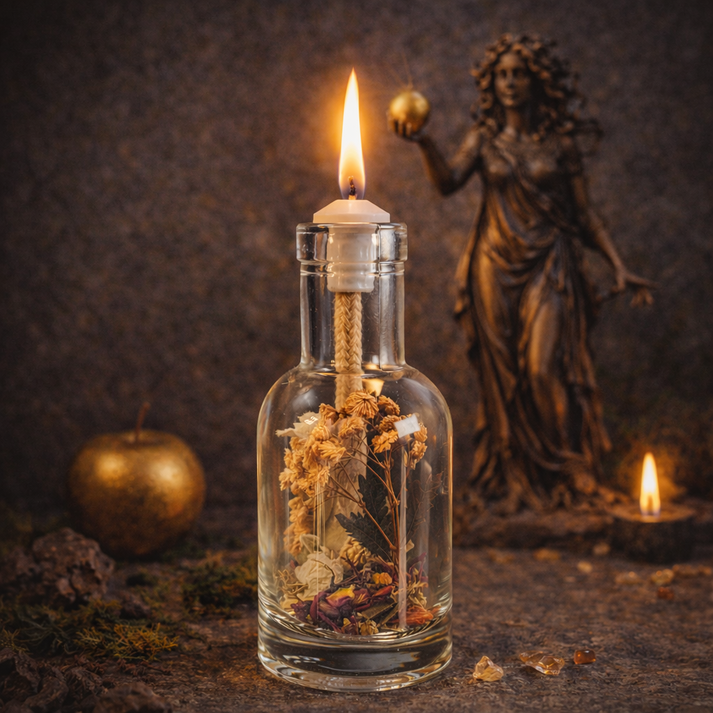 Eris oil candle by Logos Candles burning with a warm flickering flame in a glass holder on a wooden surface.