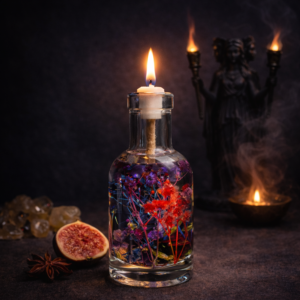 Hekate oil candle from Logos Candles with a dark glass container and intricate label design, used for spiritual or decorative purposes.