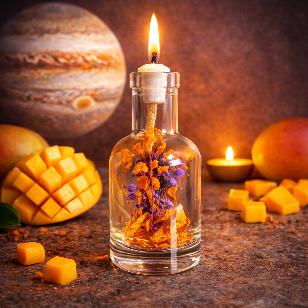 Jupiter oil candle by Logos Candles with a glass container and a lit wick, featuring a celestial Jupiter design.