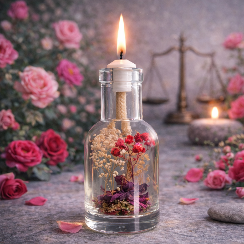 Libra oil candle by Logos Candles featuring a sleek design with a lit flame and decorative Libra symbol on the glass.