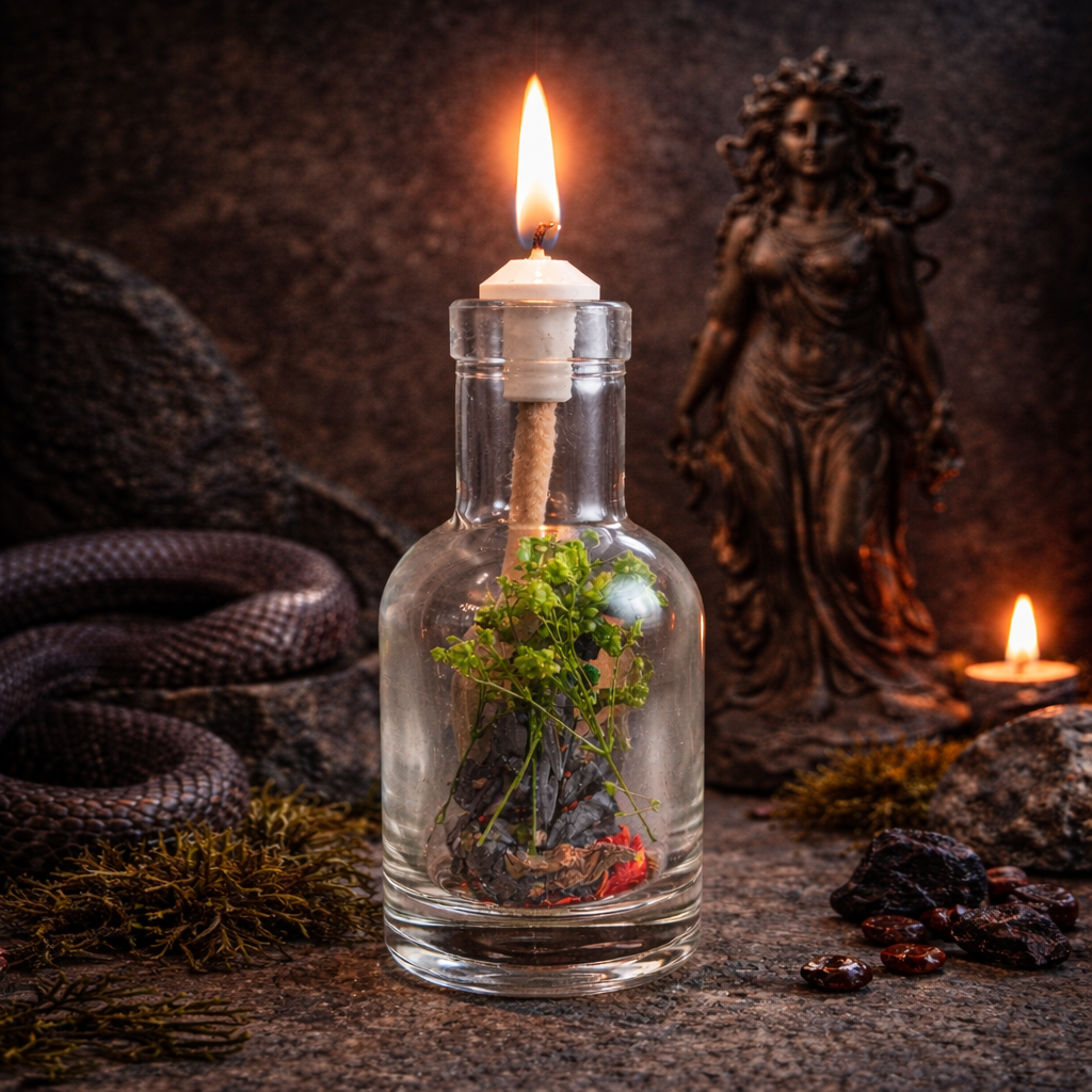 Medusa oil candle by Logos Candles featuring a detailed Medusa head design with a burning wick and glass holder.