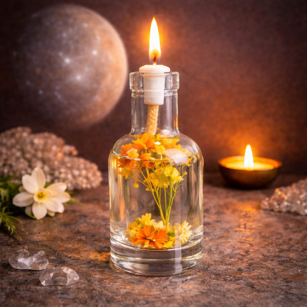 Mercury oil candle by Logos Candles, featuring a sleek glass container with a burning wick and metallic mercury-inspired design.