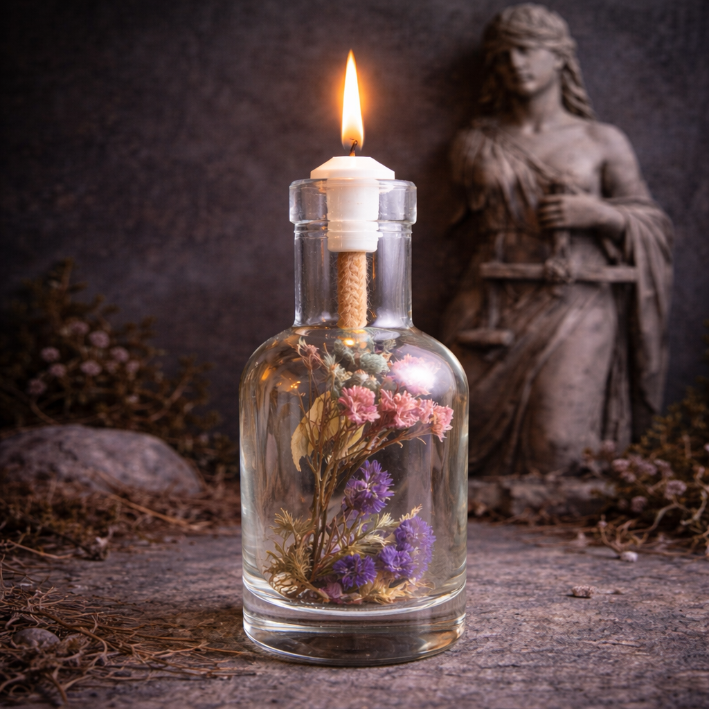 Logos Candles Nemesis oil candle with intricate design, glass container, and warm glow, ideal for ambiance and decorative use.
