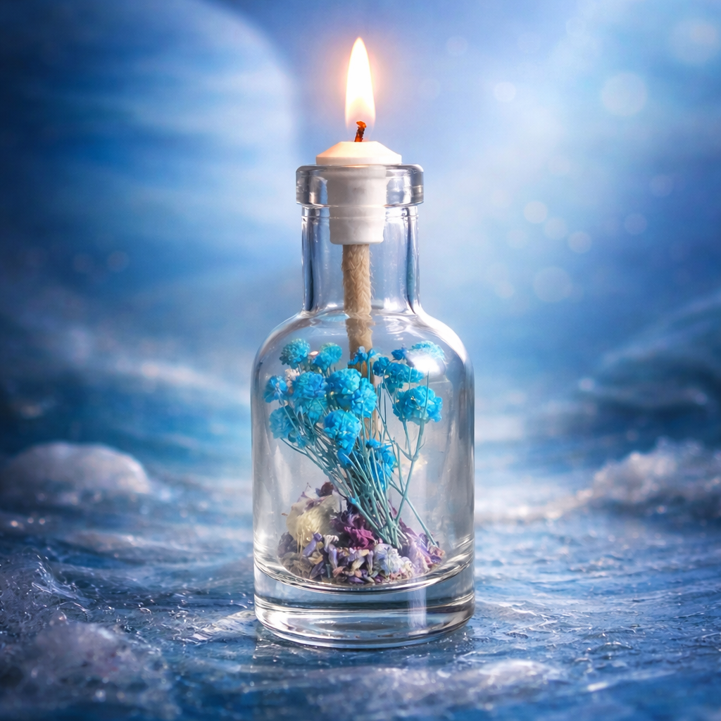 Logos Candles Neptune oil candle with a sleek glass container and wick for ambient lighting and decorative use.
