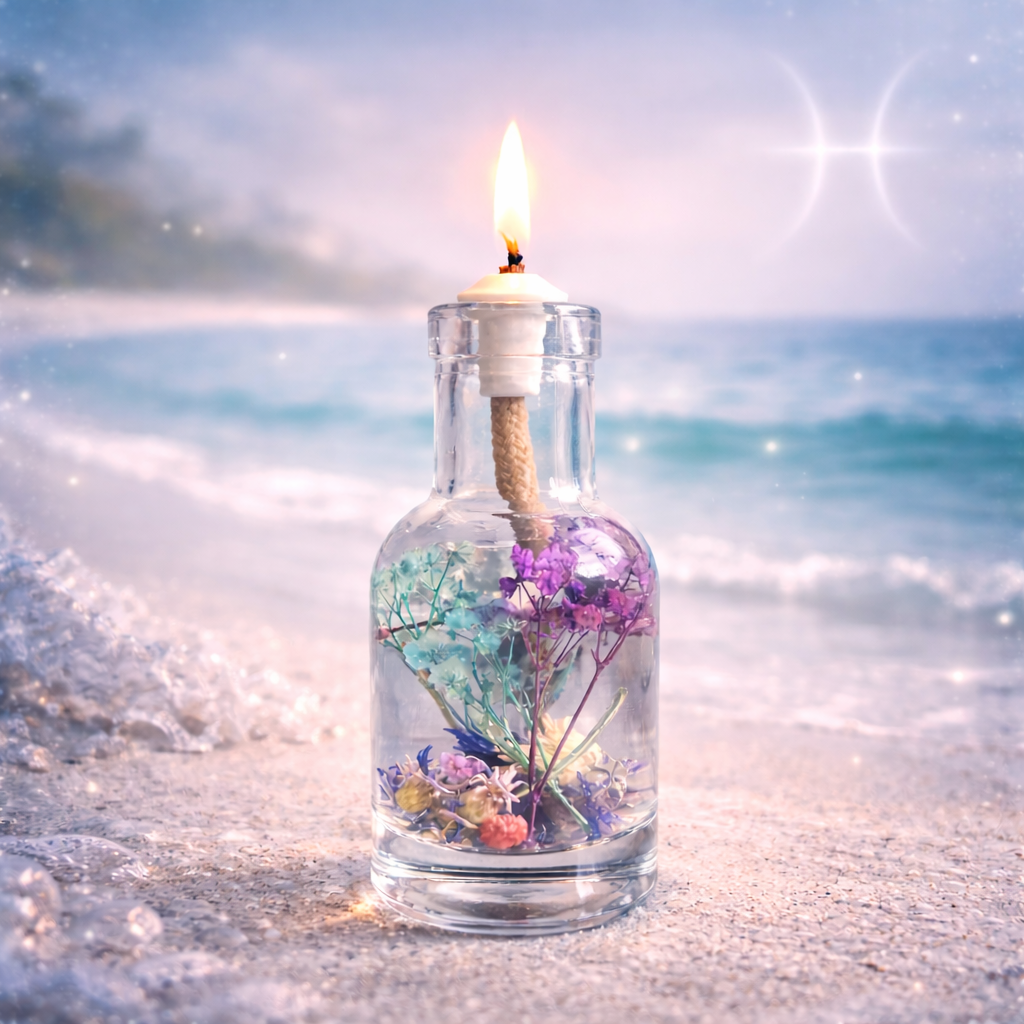 Logos Candles Pisces oil candle featuring a decorative Pisces zodiac design and a warm, flickering flame.