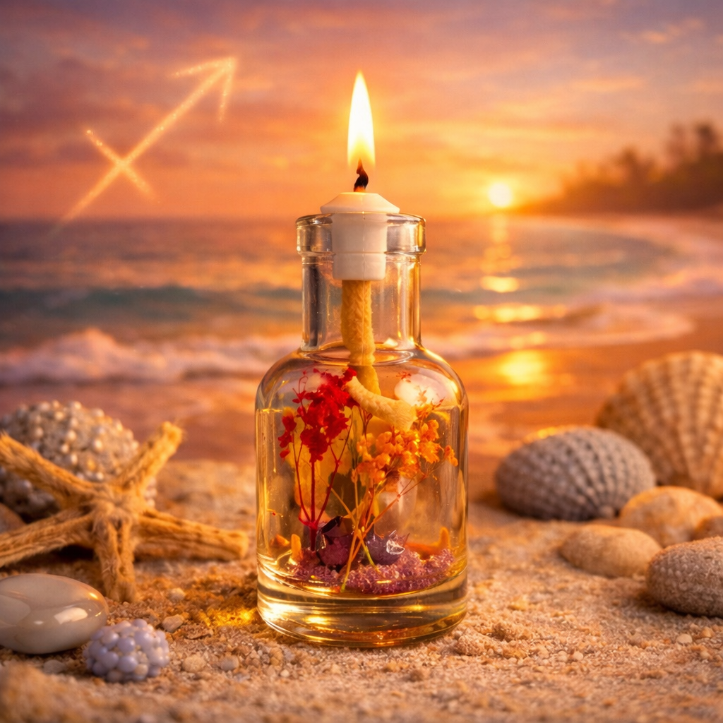 Sagittarius oil candle by Logos Candles featuring a zodiac-themed design with a burning wick and decorative details.