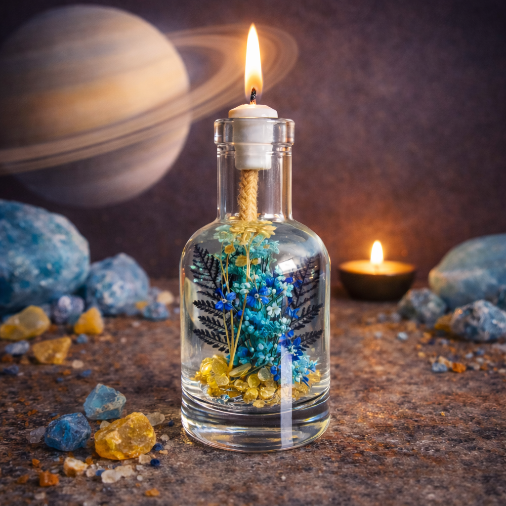 Logo Candles Saturn oil candle with a decorative celestial design, featuring a sleek, modern appearance.