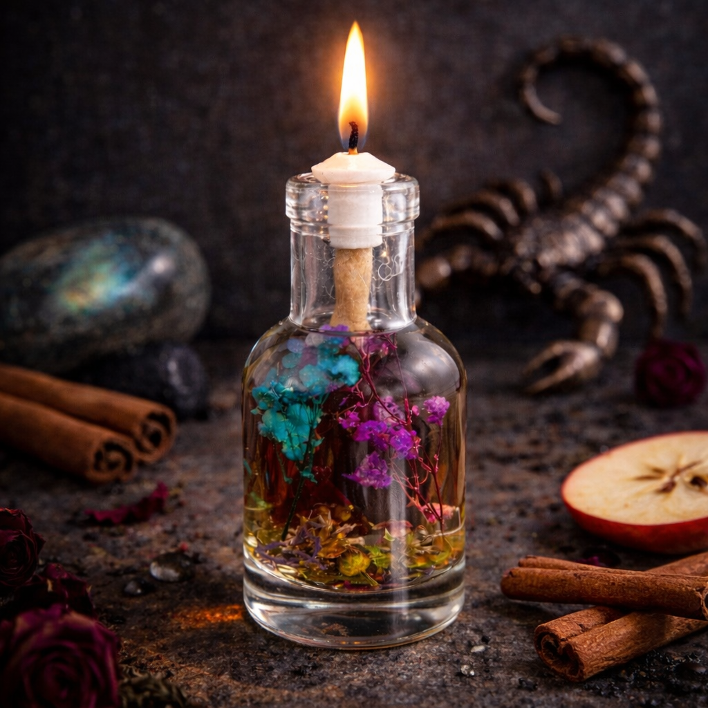 Oil candle featuring Scorpio zodiac sign design by Logos Candles, with a sleek, decorative appearance suitable for ambiance.