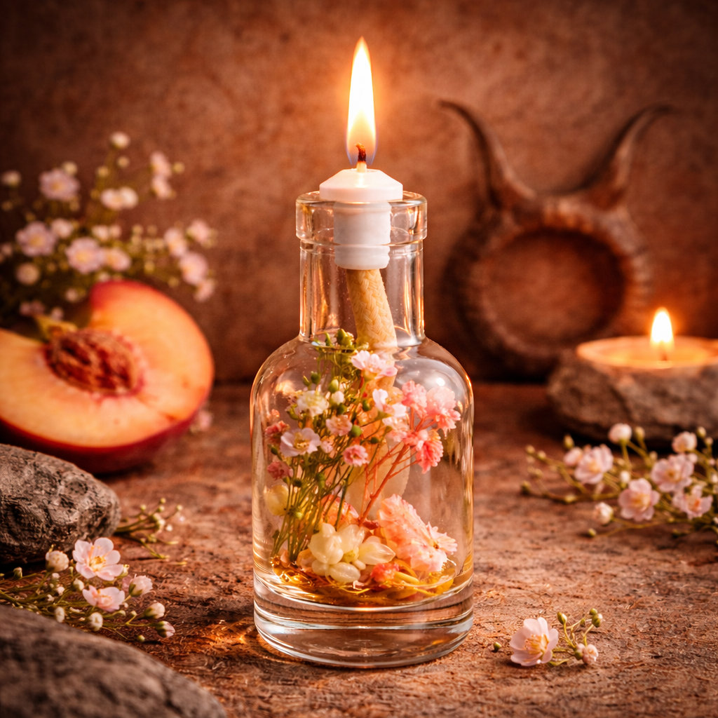 Logos Candles Taurus oil candle with a sleek glass container and a lit wick, creating a warm, calming glow.