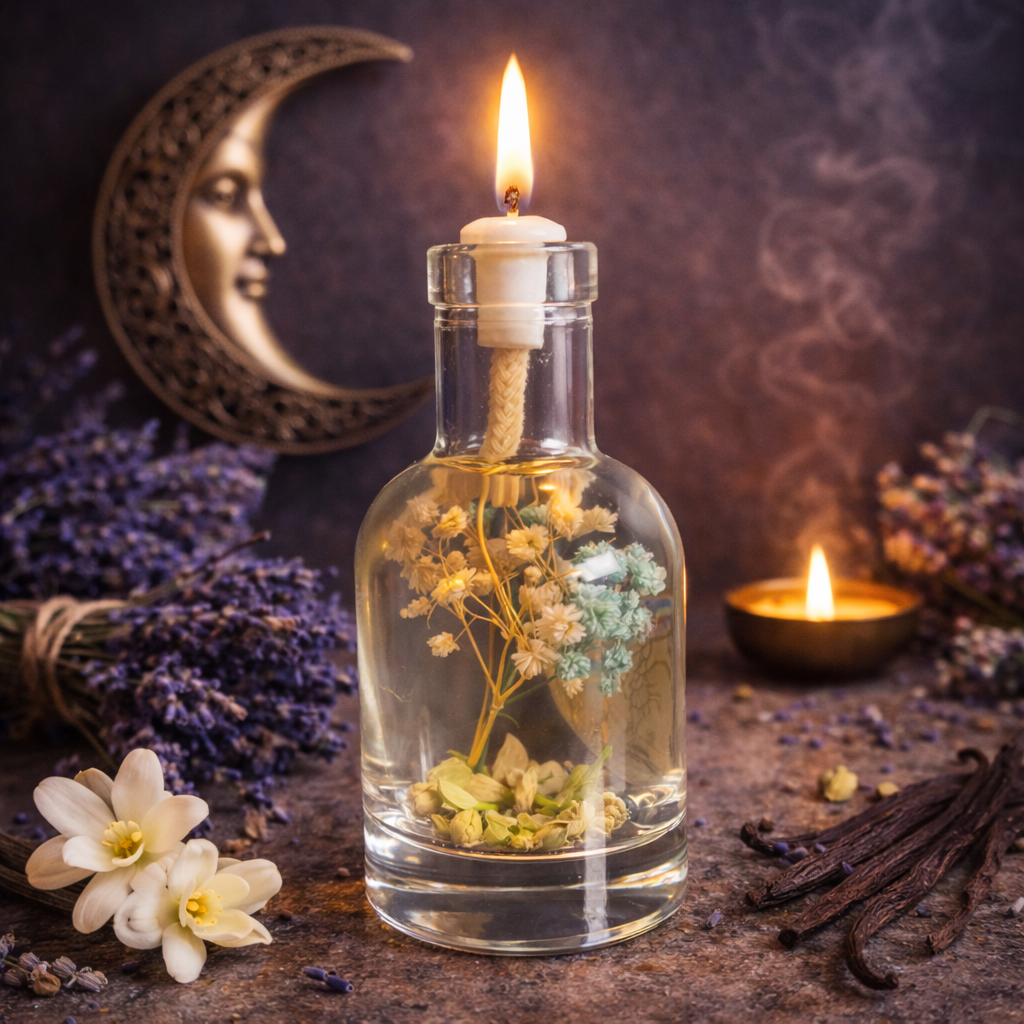 Oil candle from Logos Candles featuring a dark, moon-shaped design with a lit wick, ideal for ambient lighting.