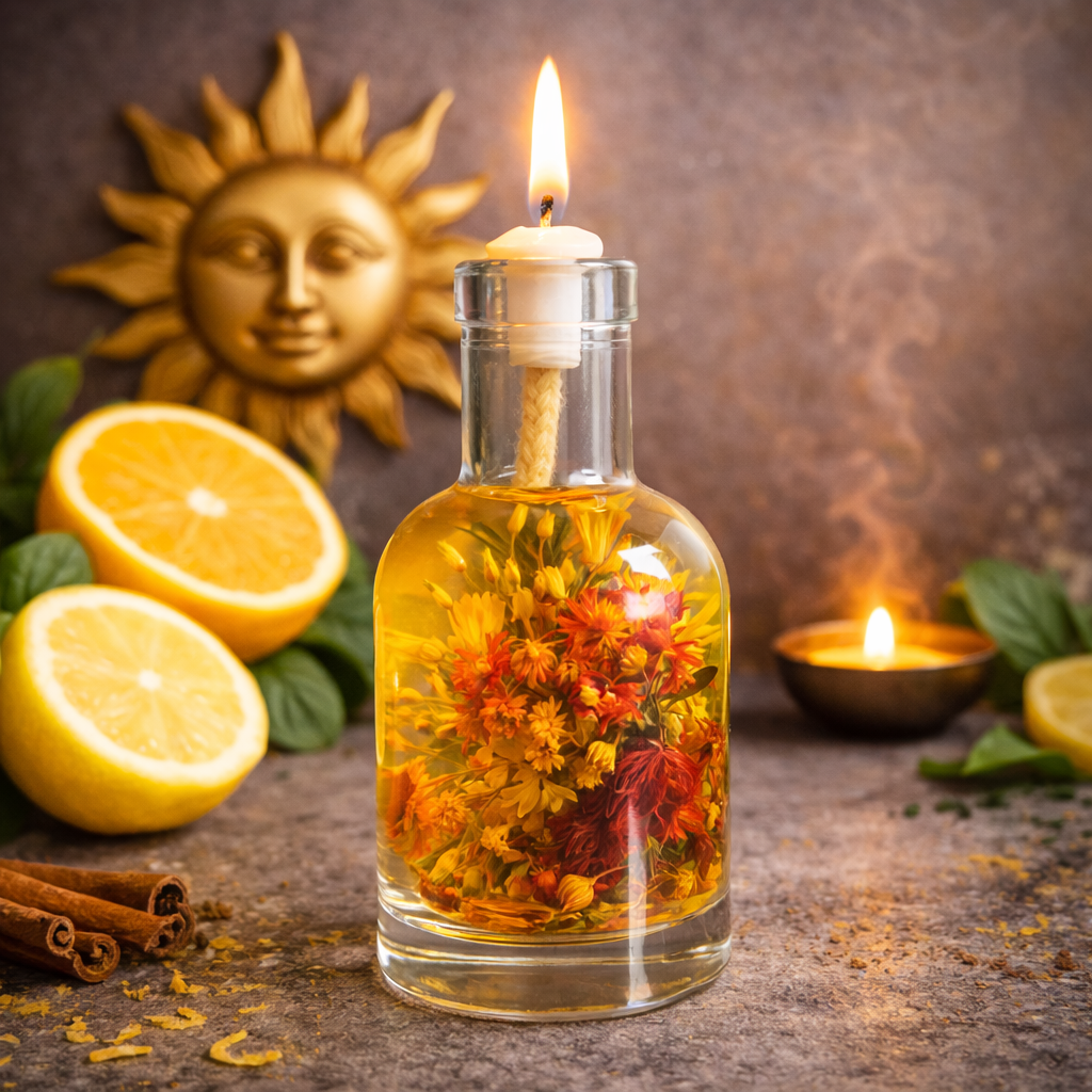 Logo Candles The Sun oil candle with a bright, sun-themed design and a wick ready to light, perfect for ambient lighting.