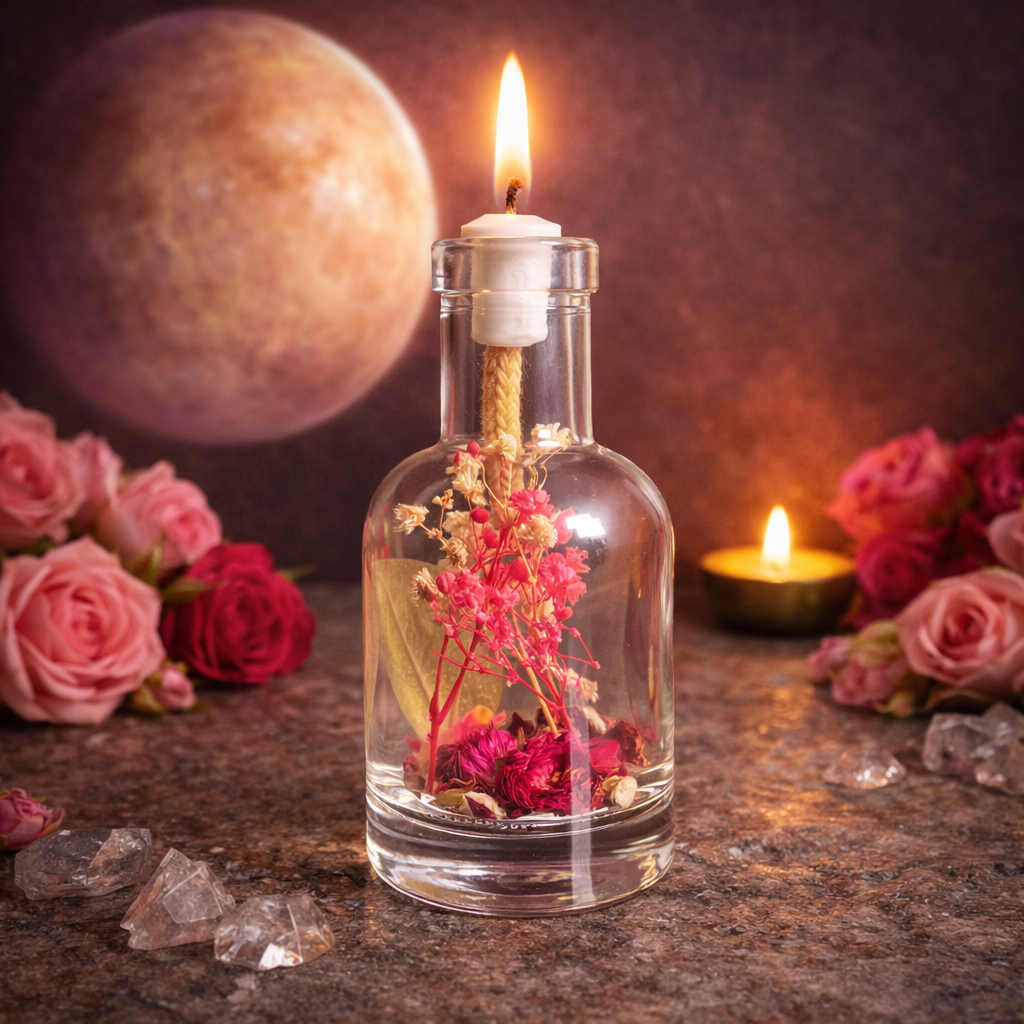 Venus oil candle by Logos Candles, featuring a decorative glass holder with a lit wick and elegant design.