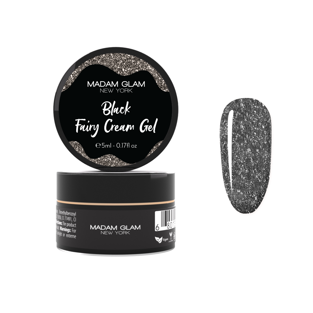 Black Fairy Cream Gel from Madam Glam, a rich black nail gel with a smooth, creamy texture for professional manicures.
