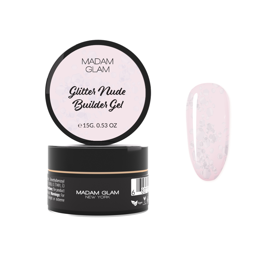 Glitter Nude Pink nail polish by Madam Glam showing a shimmering nude pink color with glitter accents.