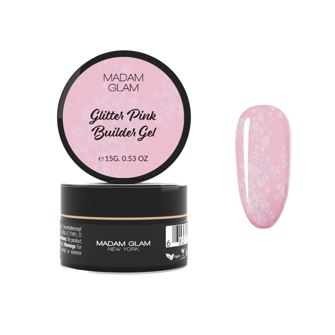 Pink glitter nail polish from Madam Glam with shimmering, sparkly finish and vibrant pink color.