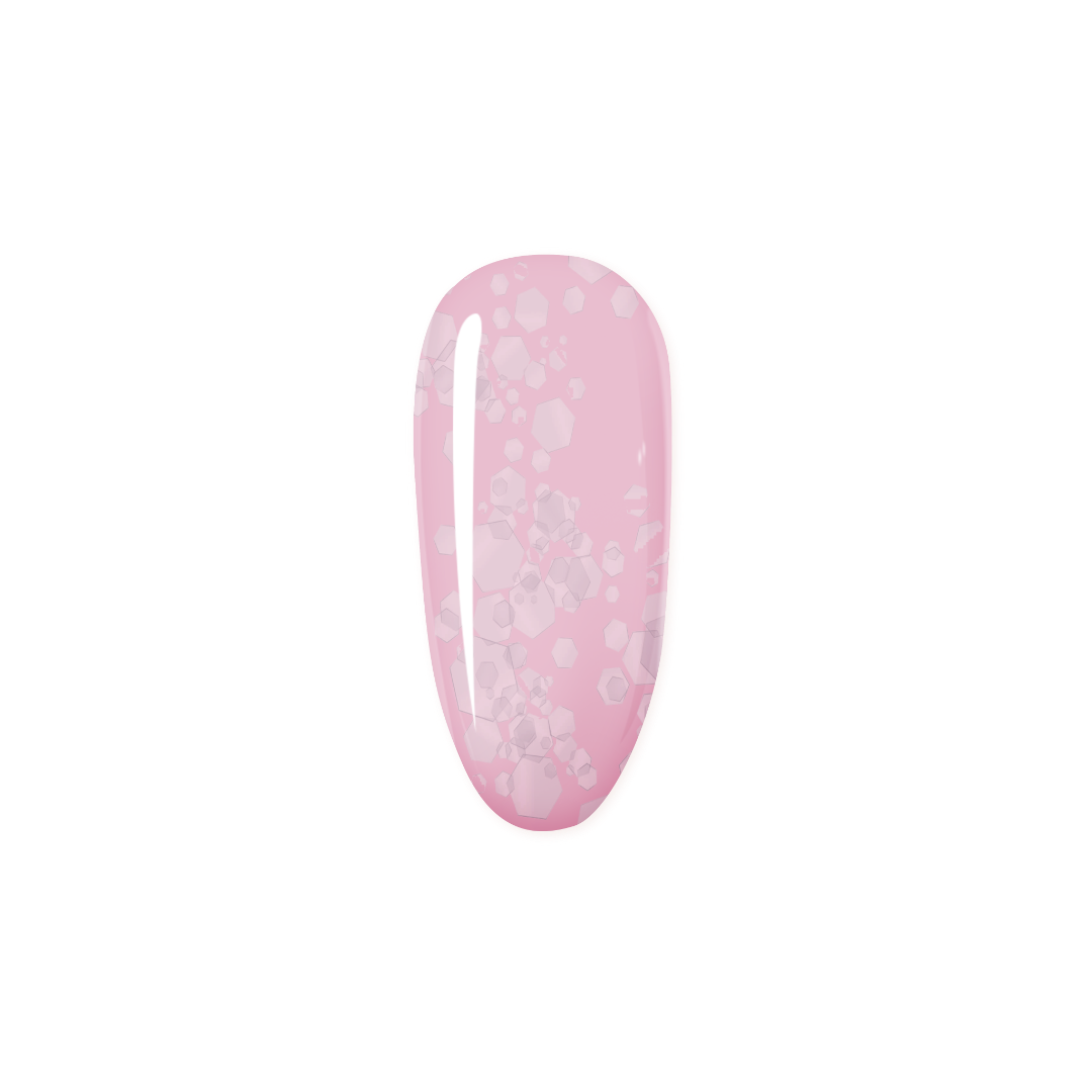 Close-up of Madam Glam Glitter Pink nail polish with sparkling pink glitter particles in a clear bottle.