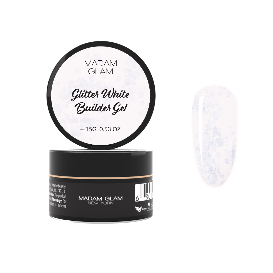 Madam Glam Glitter White nail polish bottle with glittery white nail polish visible in the image.