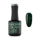 Shimmery emerald glittery nail polish bottle from Madam Glam, showcasing vibrant green, sparkly finish, and elegant packaging.