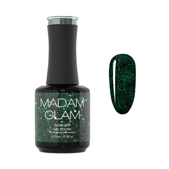 Shimmery emerald glittery nail polish bottle from Madam Glam, showcasing vibrant green, sparkly finish, and elegant packaging.