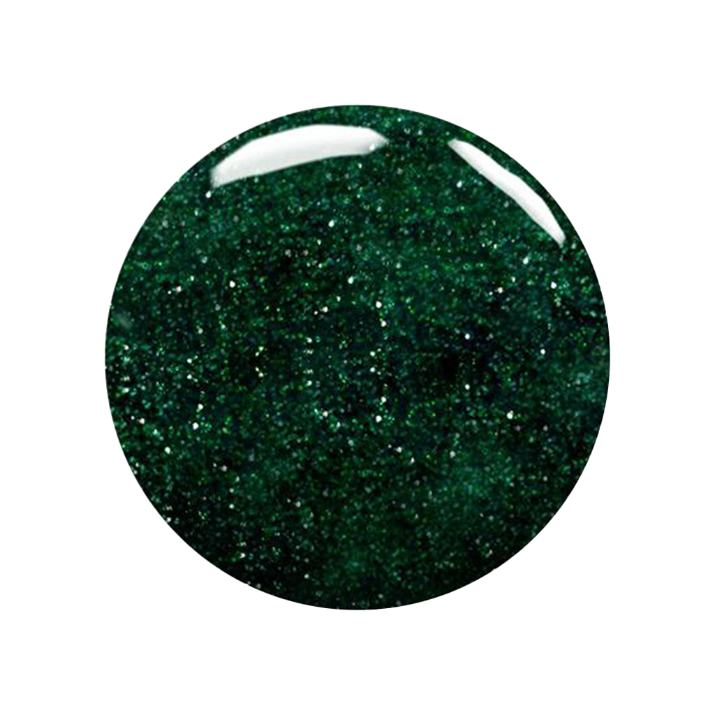 Shimmering emerald glittery nail polish from Madam Glam with a glossy, sparkly finish in a vibrant green shade.