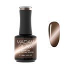 Madam Glam Harvest Glow nail polish bottle with vibrant orange and gold shimmer, showcasing the product on a white background.