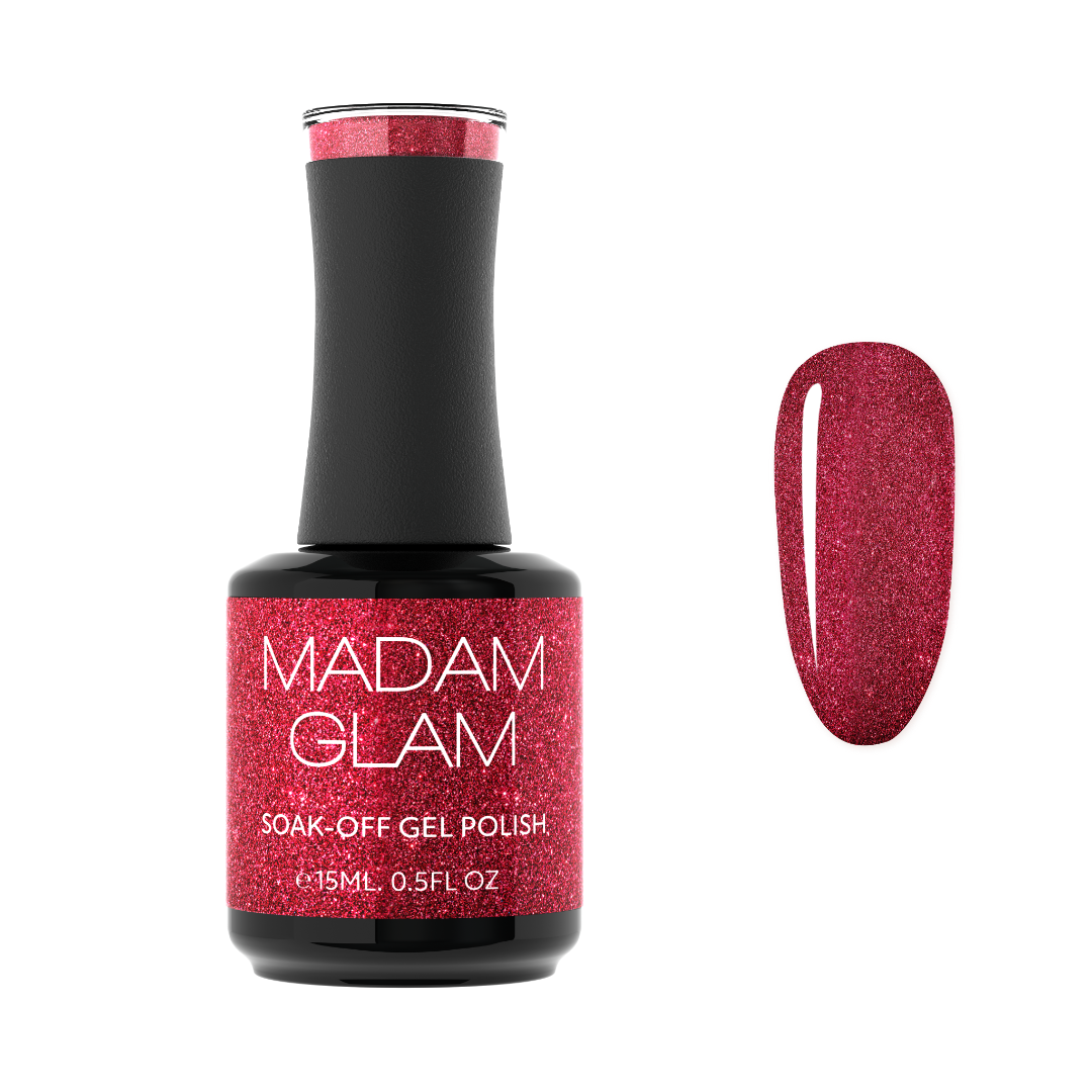 Madam Glam Heart Glow nail polish bottle with a pink heart-shaped design and sparkly finish on a white background.