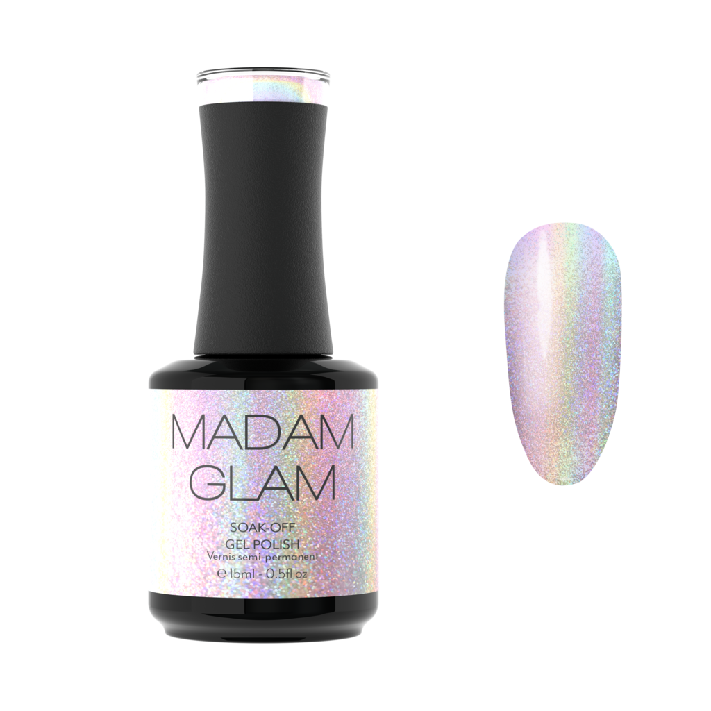 Holographic Cat Eye nail polish by Madam Glam showing a shimmering, multi-colored cat eye effect on a nail.
