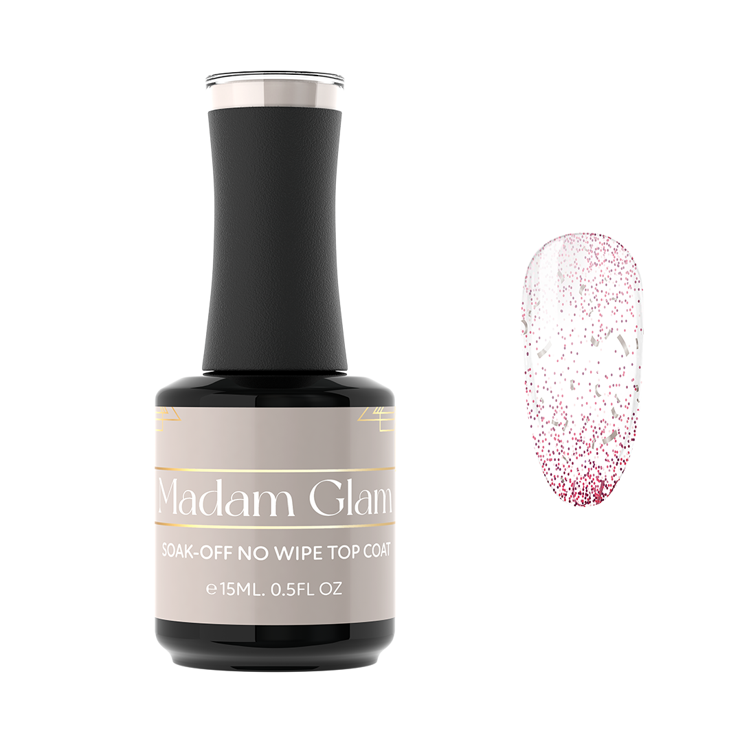 Madam Glam Icicle Kiss No Wipe Top Coat applied on a manicure, showcasing a glossy, smooth finish with an icy effect.