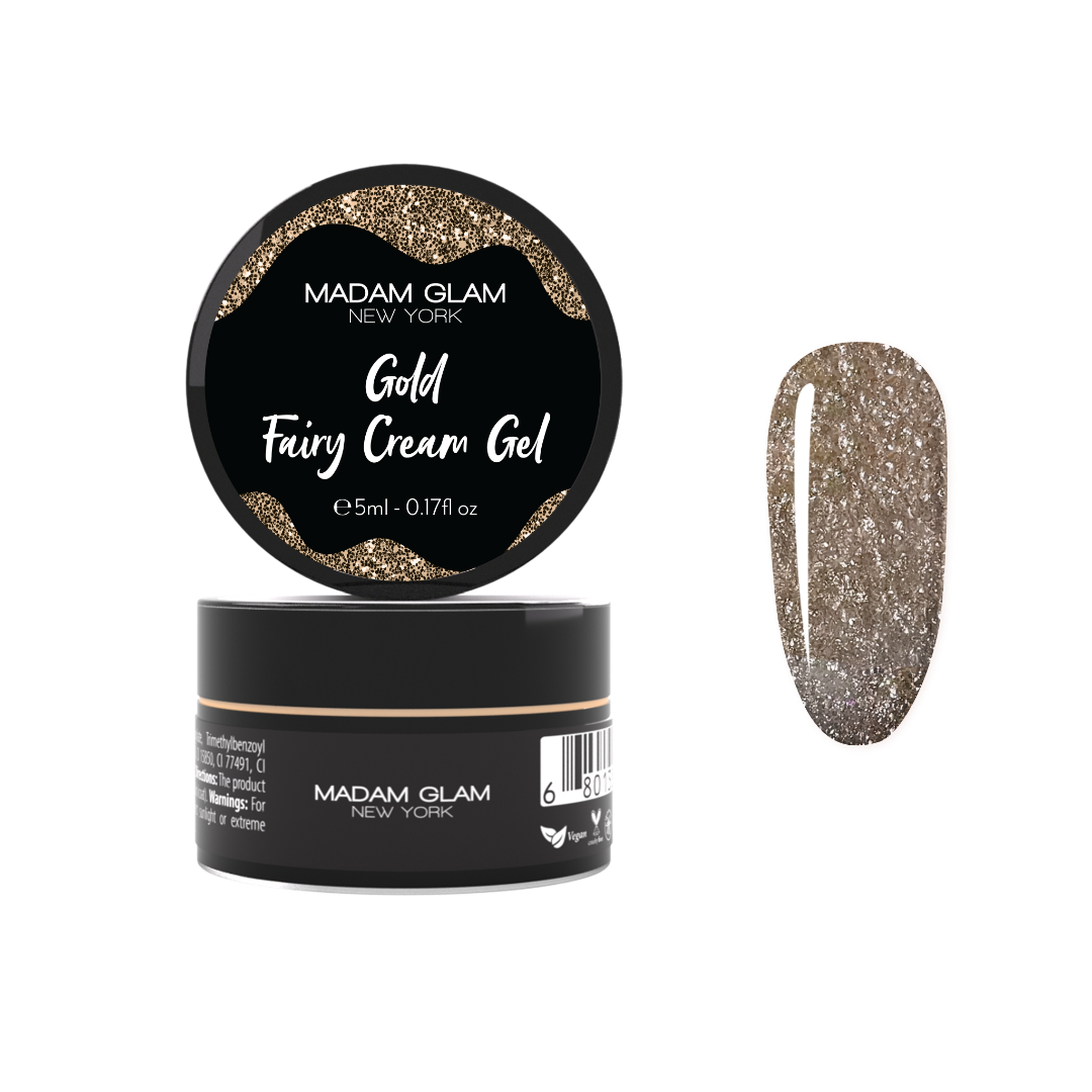 Gold Fairy Cream Gel from Madam Glam featuring a sleek container and a shimmering gold finish, used for nail art and gel manicures.