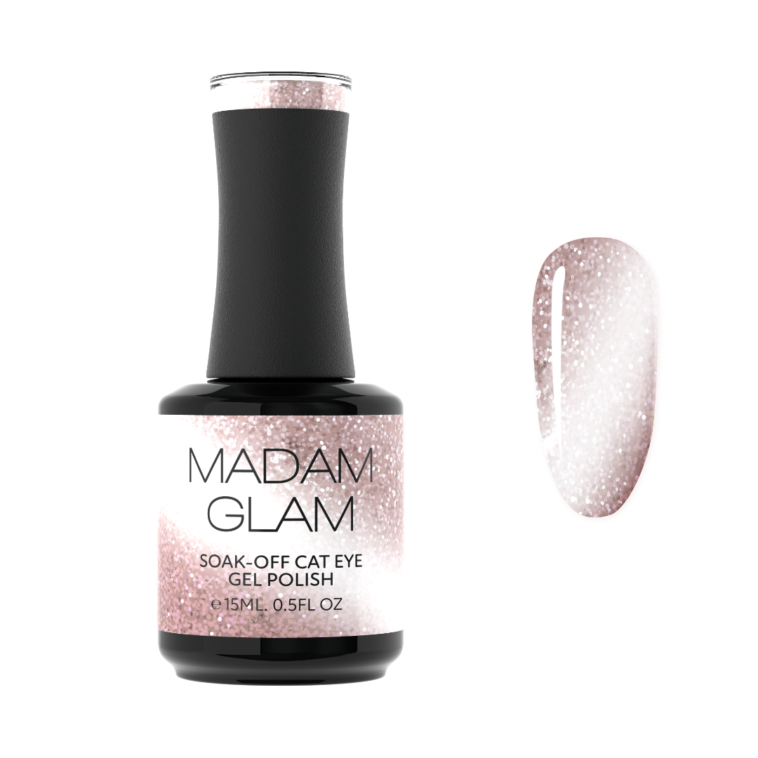 Madam Glam Moonlit Romance nail polish bottle with a sleek black cap and a label featuring moonlit scenery design.