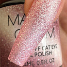 Madam Glam Moonlit Romance nail polish bottle with a sleek black cap and moonlit-themed label design.