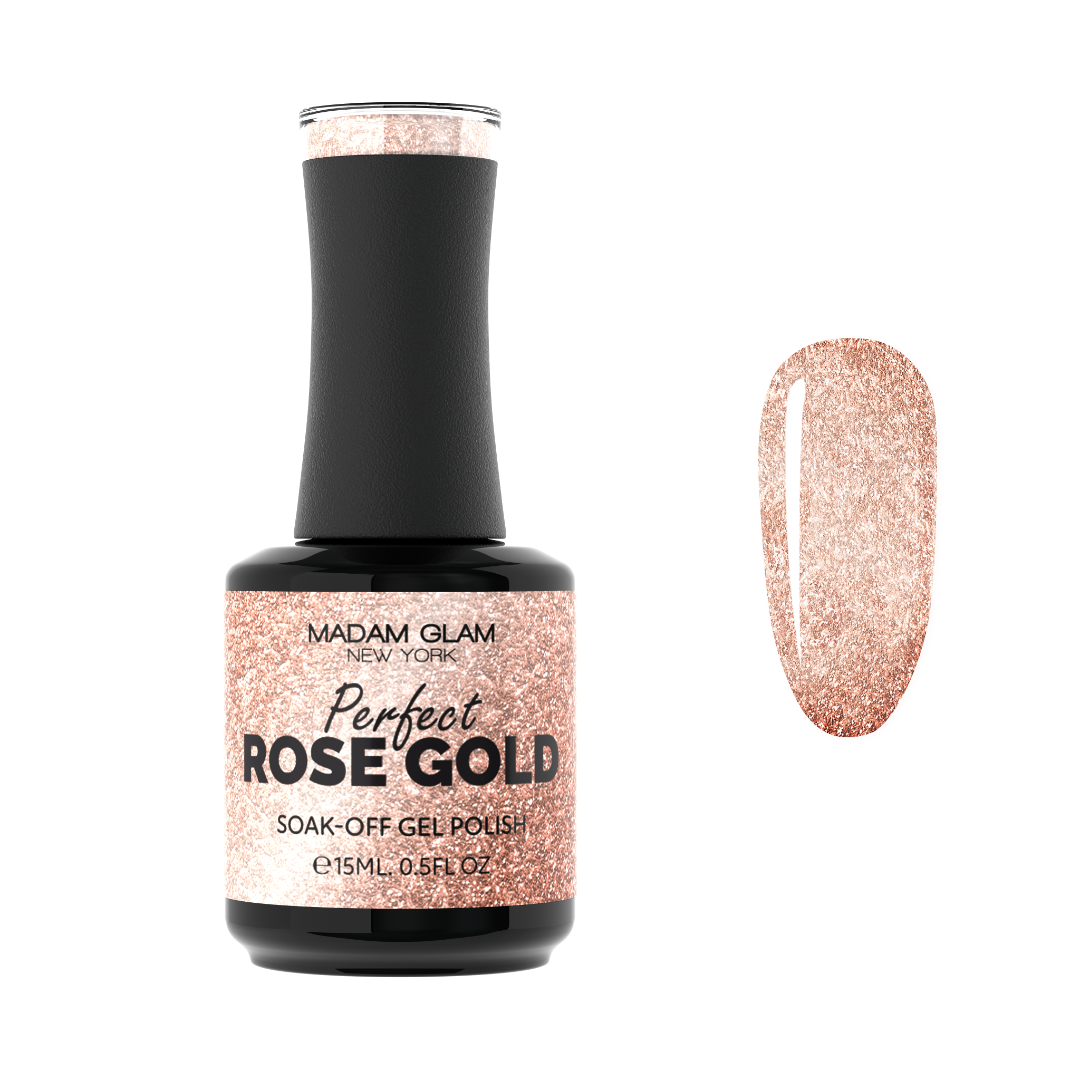Madam Glam Perfect Rose Gold nail polish bottle with a sleek gold cap and pink label, displayed on a white background.