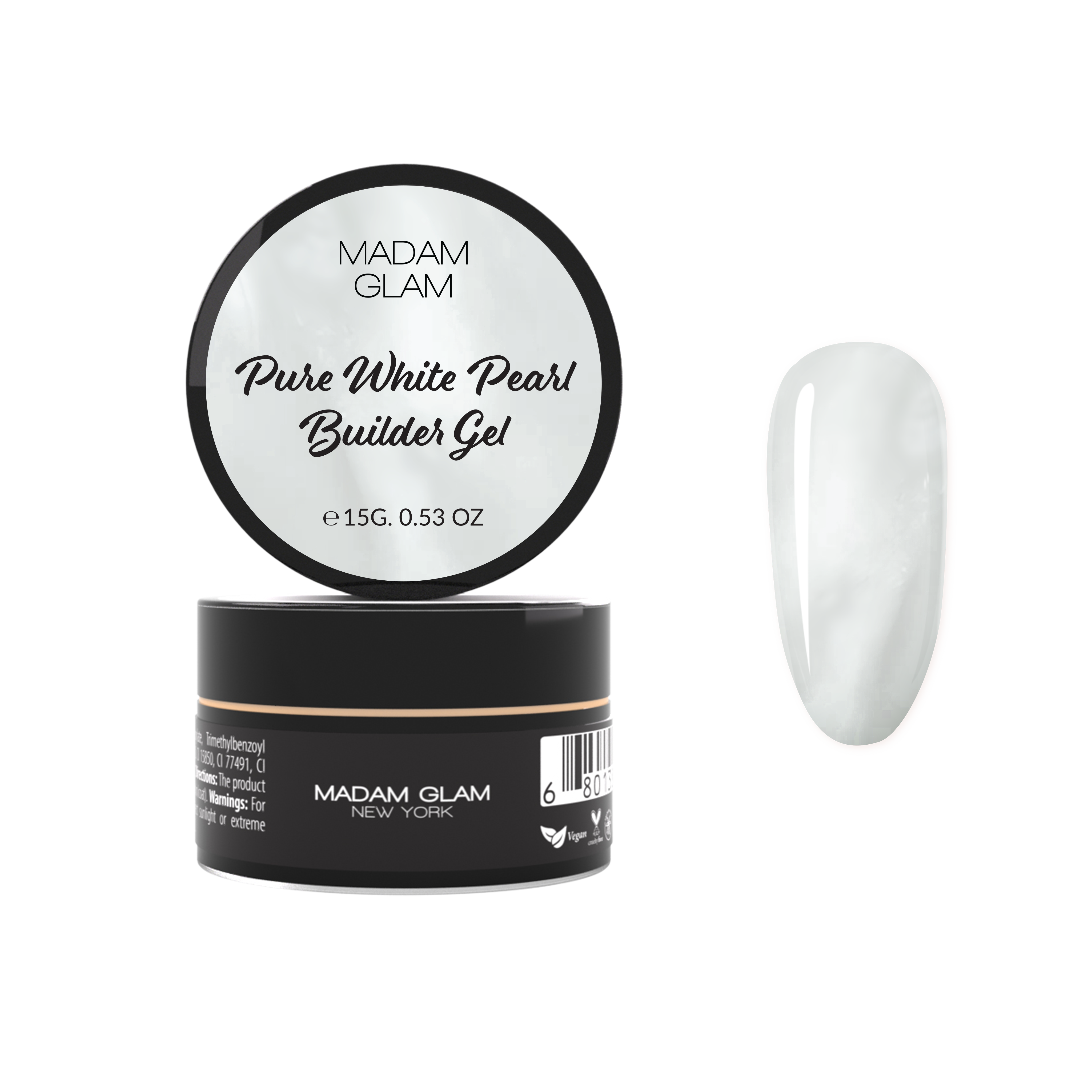 Madam Glam Pure White Pearl nail polish in a sleek white shade with a pearl finish, showcasing a smooth, glossy bottle.