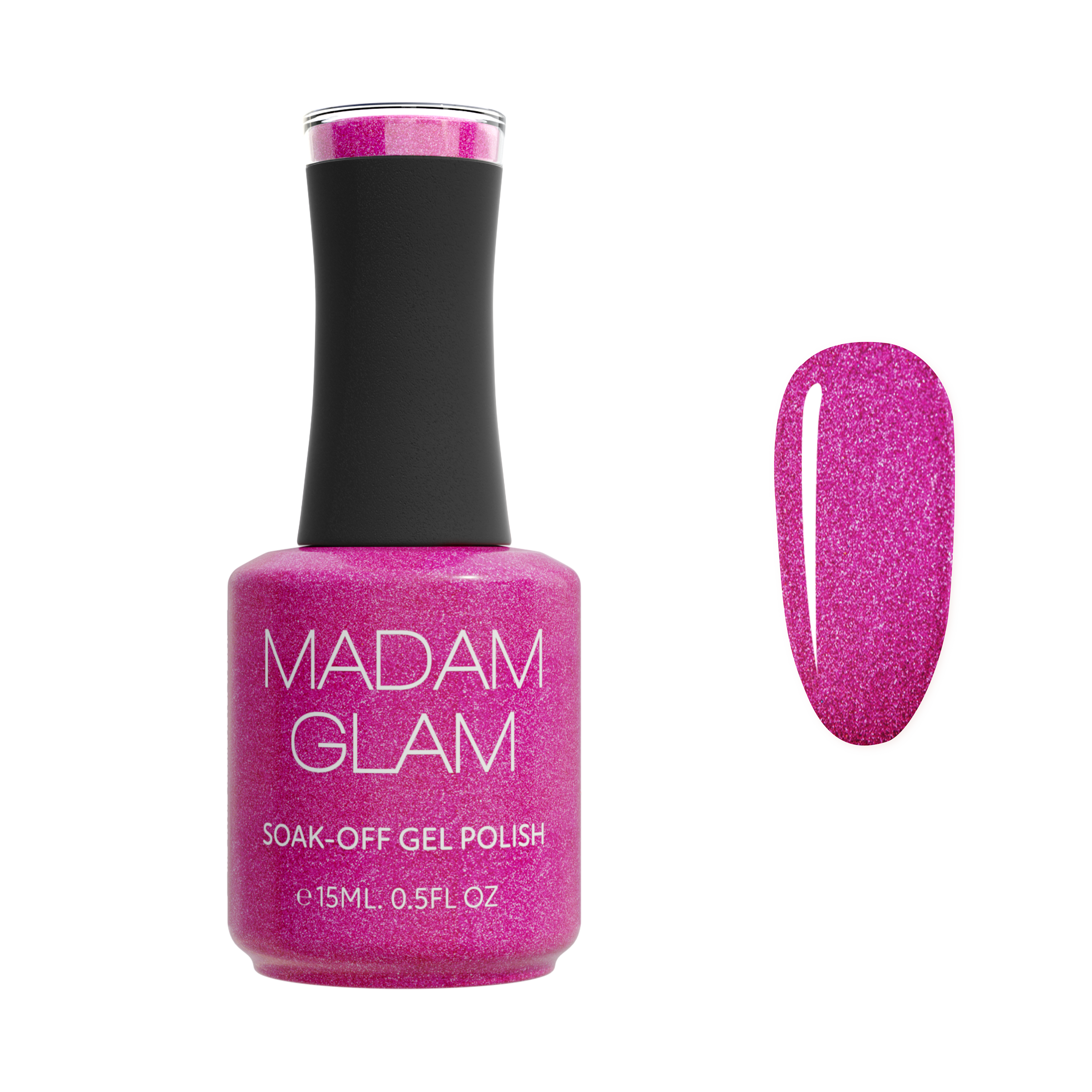 Madam Glam Rose Glitz nail polish bottle with a shimmering pink shade and elegant label, displayed upright against a plain background.