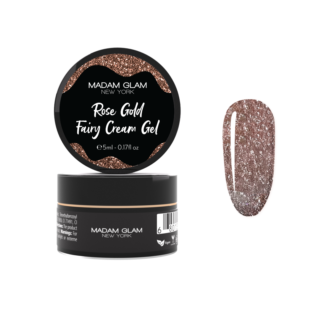 Rose Gold Fairy Cream Gel by Madam Glam, showcasing a luxurious gel product in a rose gold container with a smooth, glossy finish.
