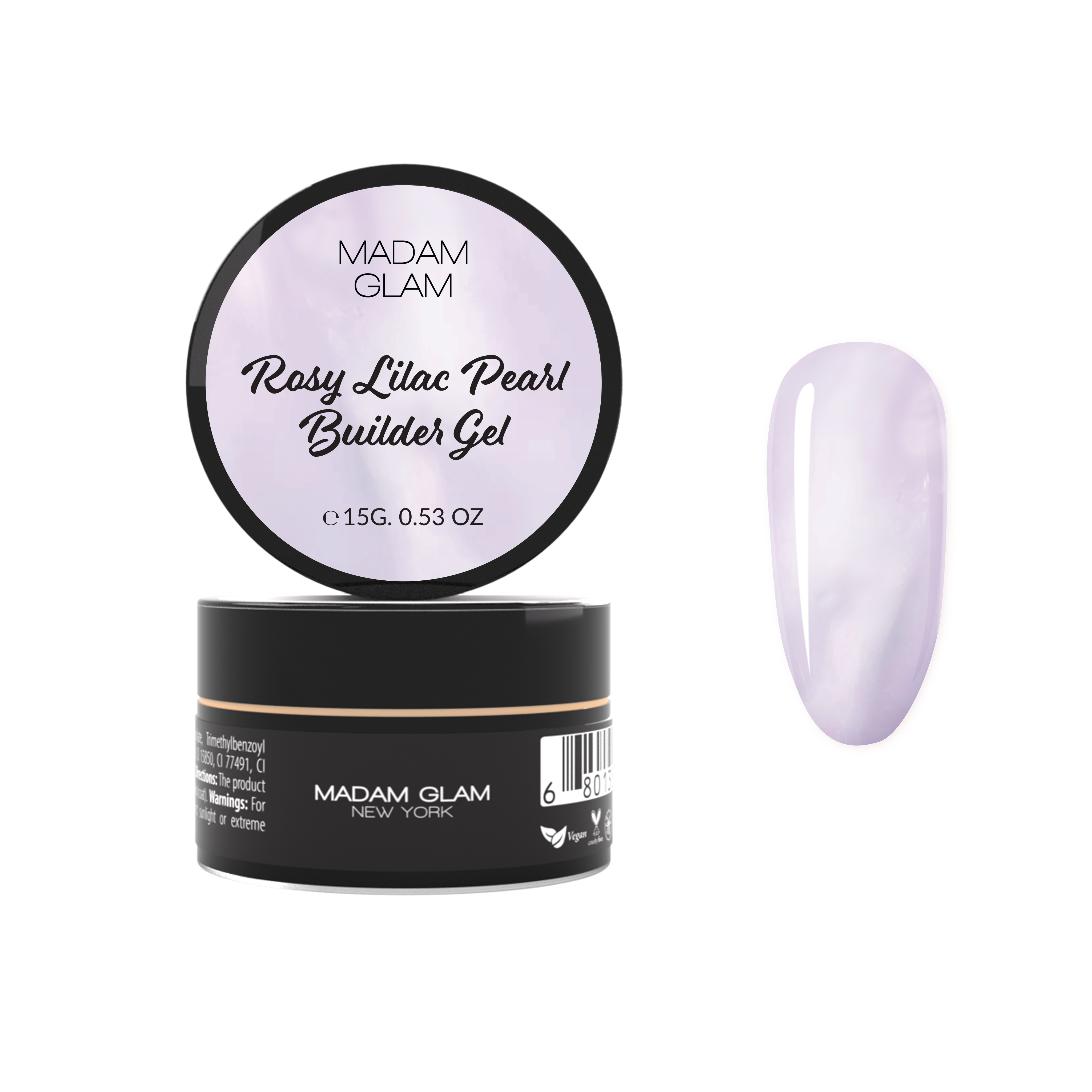 Madam Glam Rosy Lilac Pearl nail polish bottle with a shiny, iridescent finish in soft lilac and pink tones.