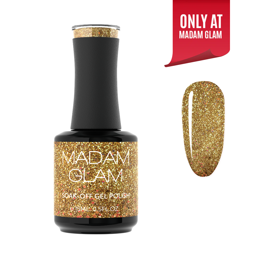 Madam Glam Santa's Treasure nail polish bottle with festive red and gold design on a white background.