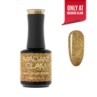 Madam Glam Santa's Treasure nail polish bottle with festive red and gold design on a white background.