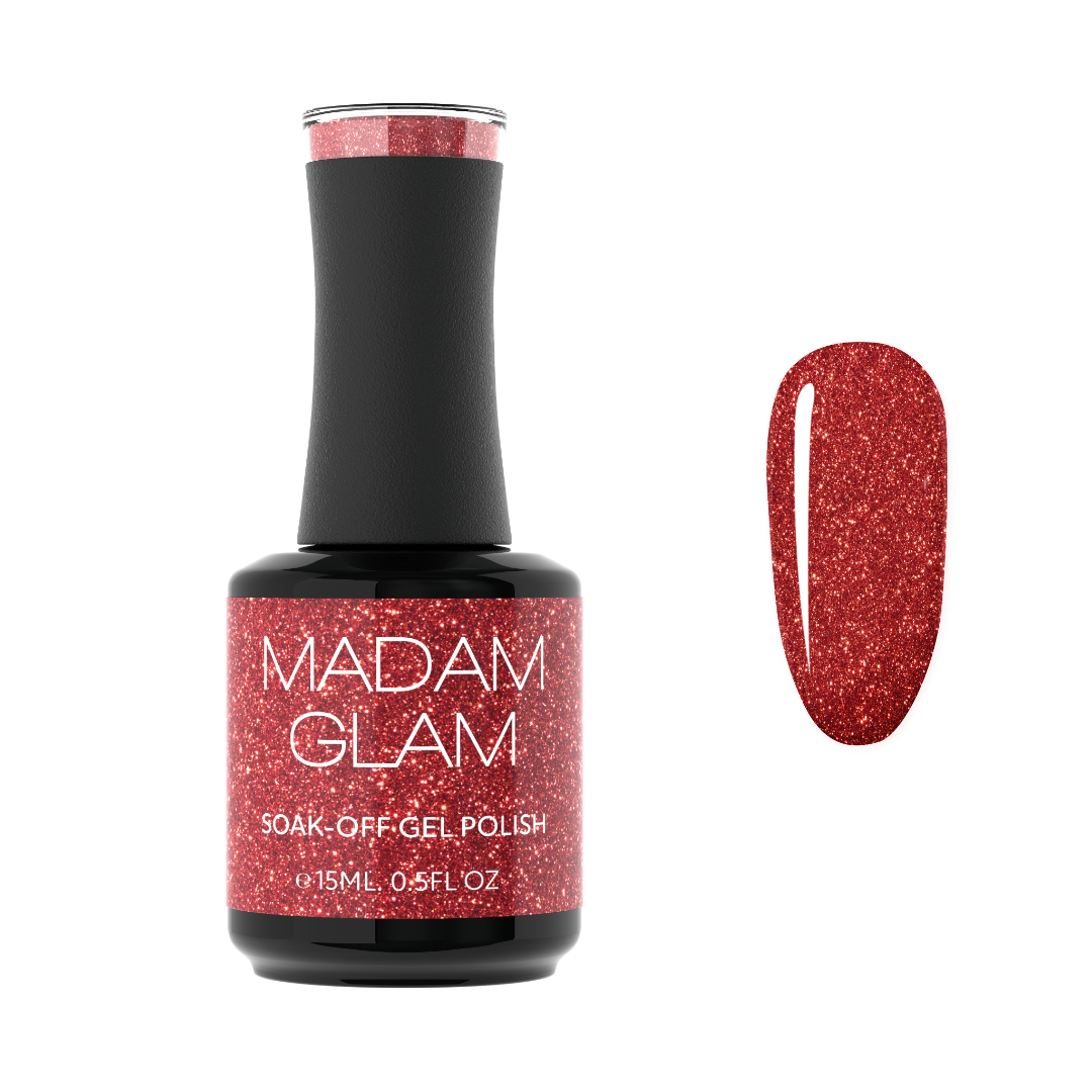 Scarlet Red nail polish bottle by Madam Glam with vibrant red color and sleek packaging.