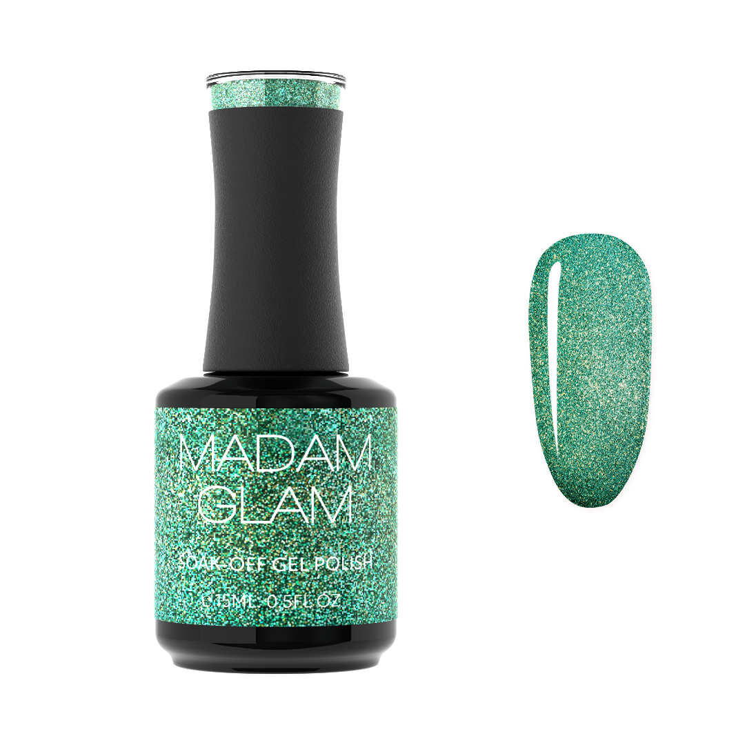 Madam Glam Shamrock Glow nail polish bottle with bright green shade and shiny finish.