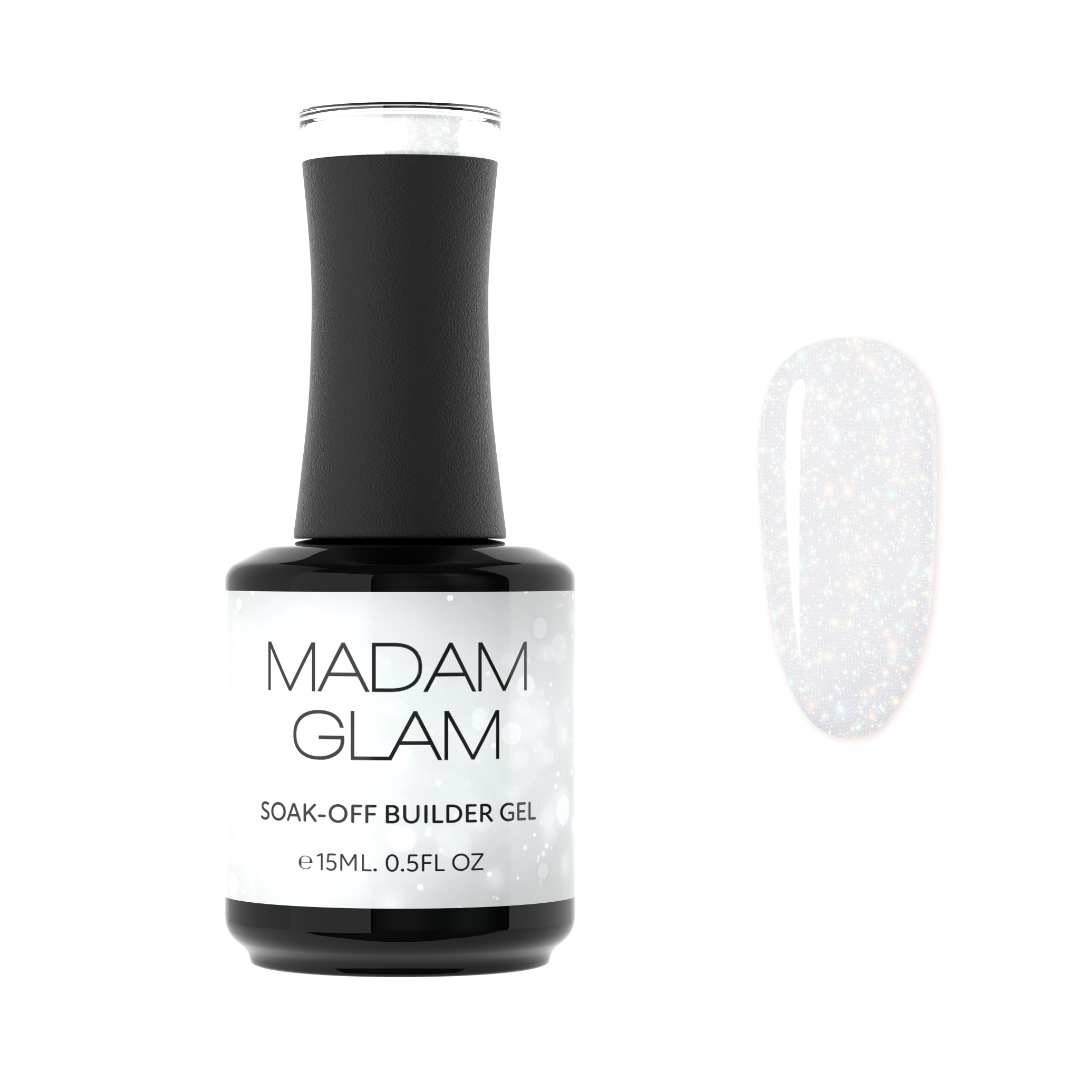 Sheer white nail polish by Madam Glam displayed in a clear bottle with a smooth, glossy finish.