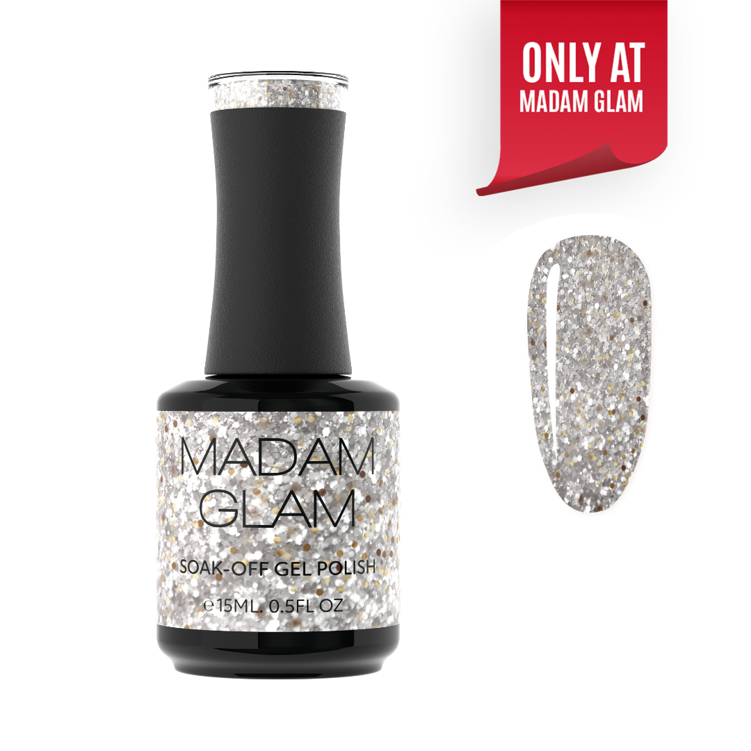 Madam Glam Shine & Thrive nail polish bottle with shiny black cap and colorful label, showcasing vibrant nail product.