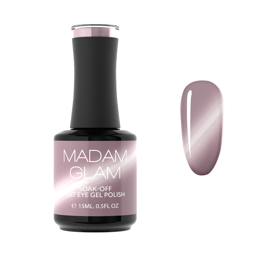 Madam Glam Smoky Elegance nail polish bottle with a sleek black cap and a smoky gray label, showcasing the product.