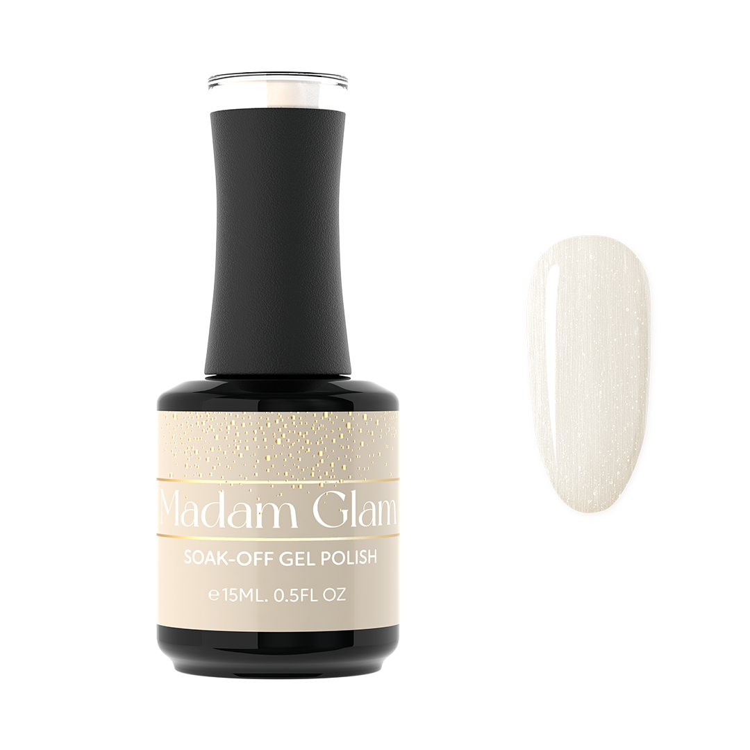 Madam Glam Snowflake Glow nail polish bottle with frosty white and glittery finish on a white background