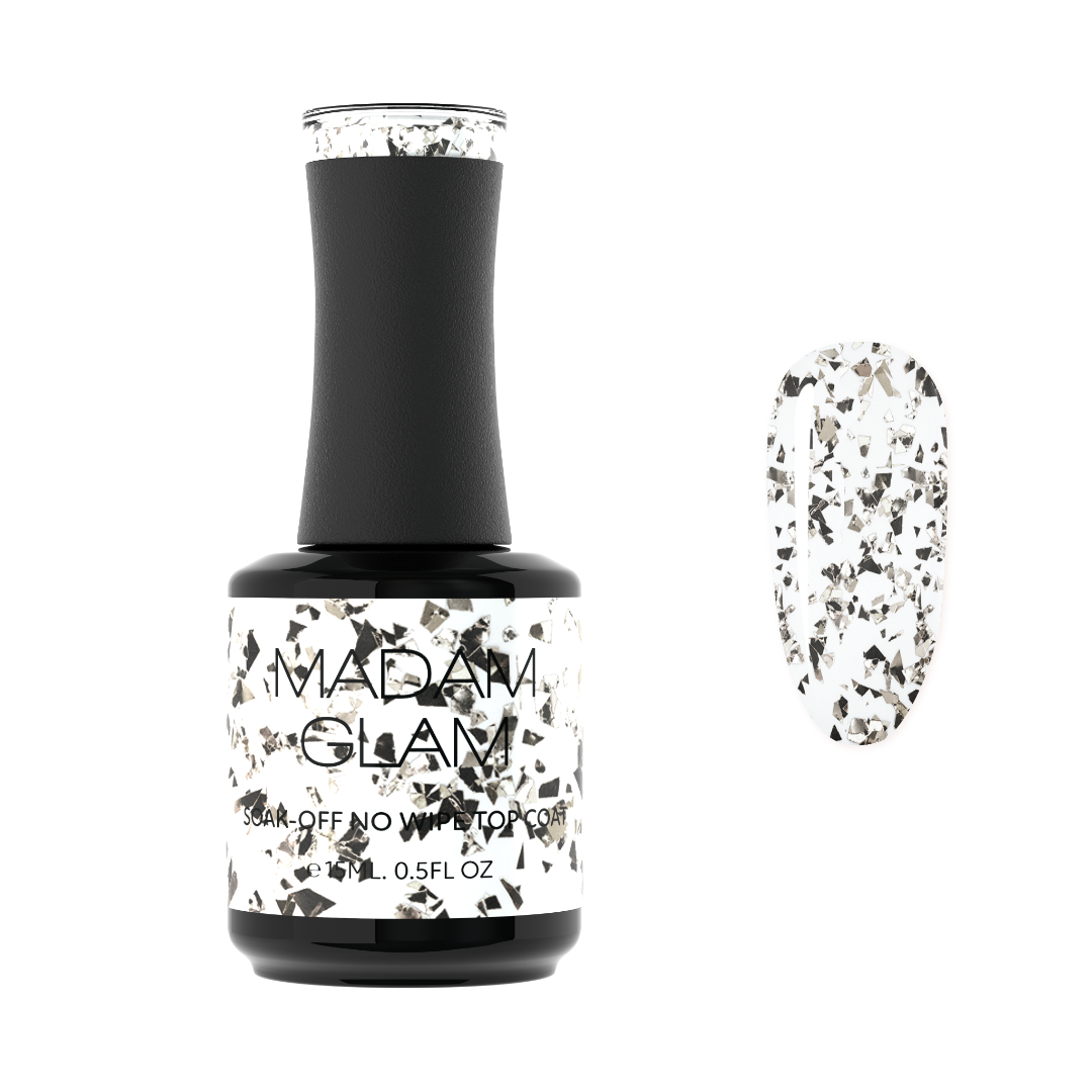 Madam Glam Touches of Silver nail polish bottle with silver glitter finish, close-up shot showing the product label and shiny cap
