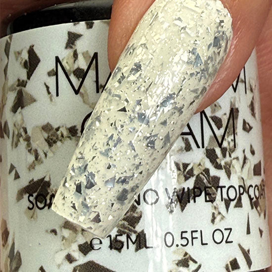 Madam Glam Touches of Silver nail polish bottle with silver accents and a sleek black cap against a white background.