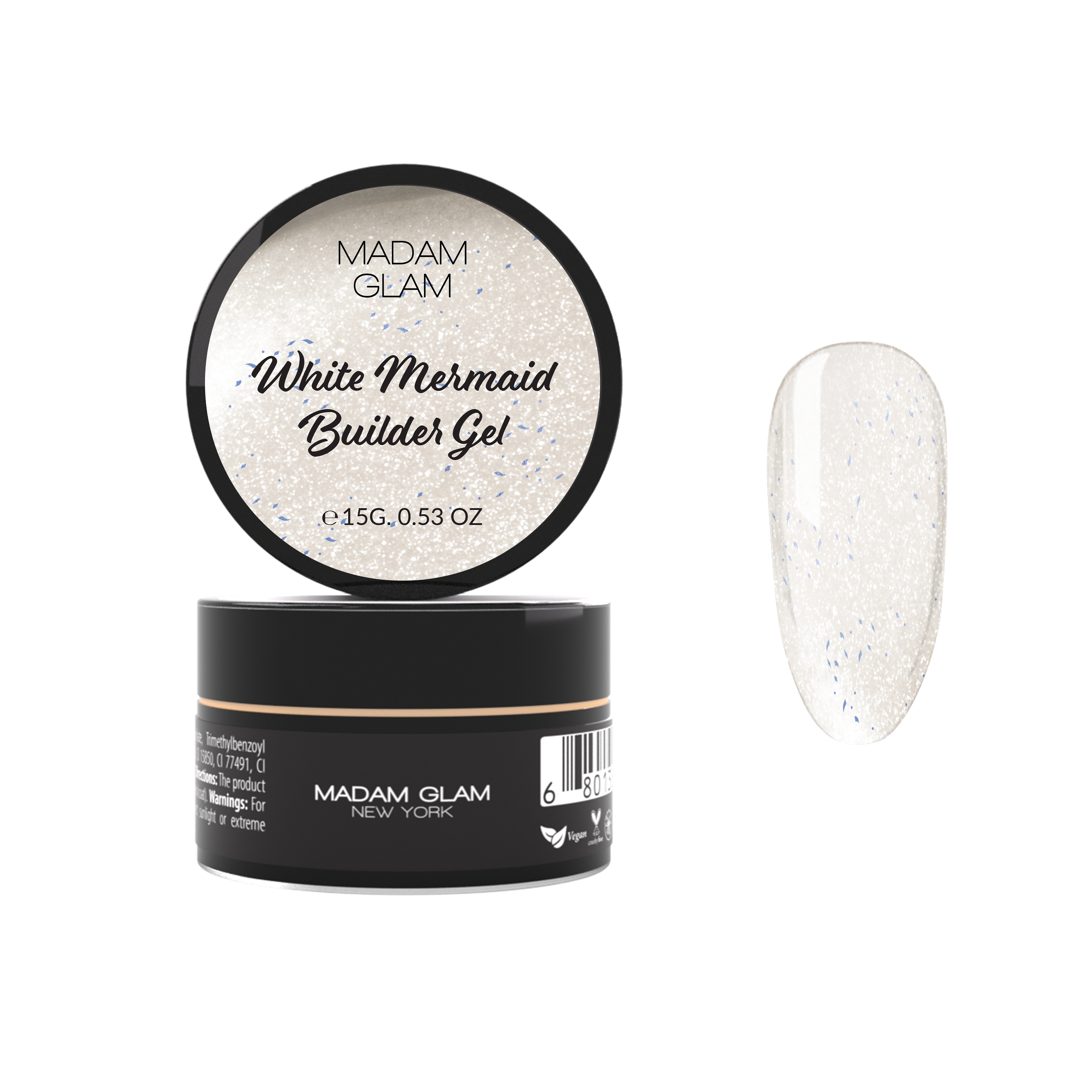 White Mermaid nail polish by Madam Glam, featuring a glossy white shade with a mermaid-inspired shimmer finish.