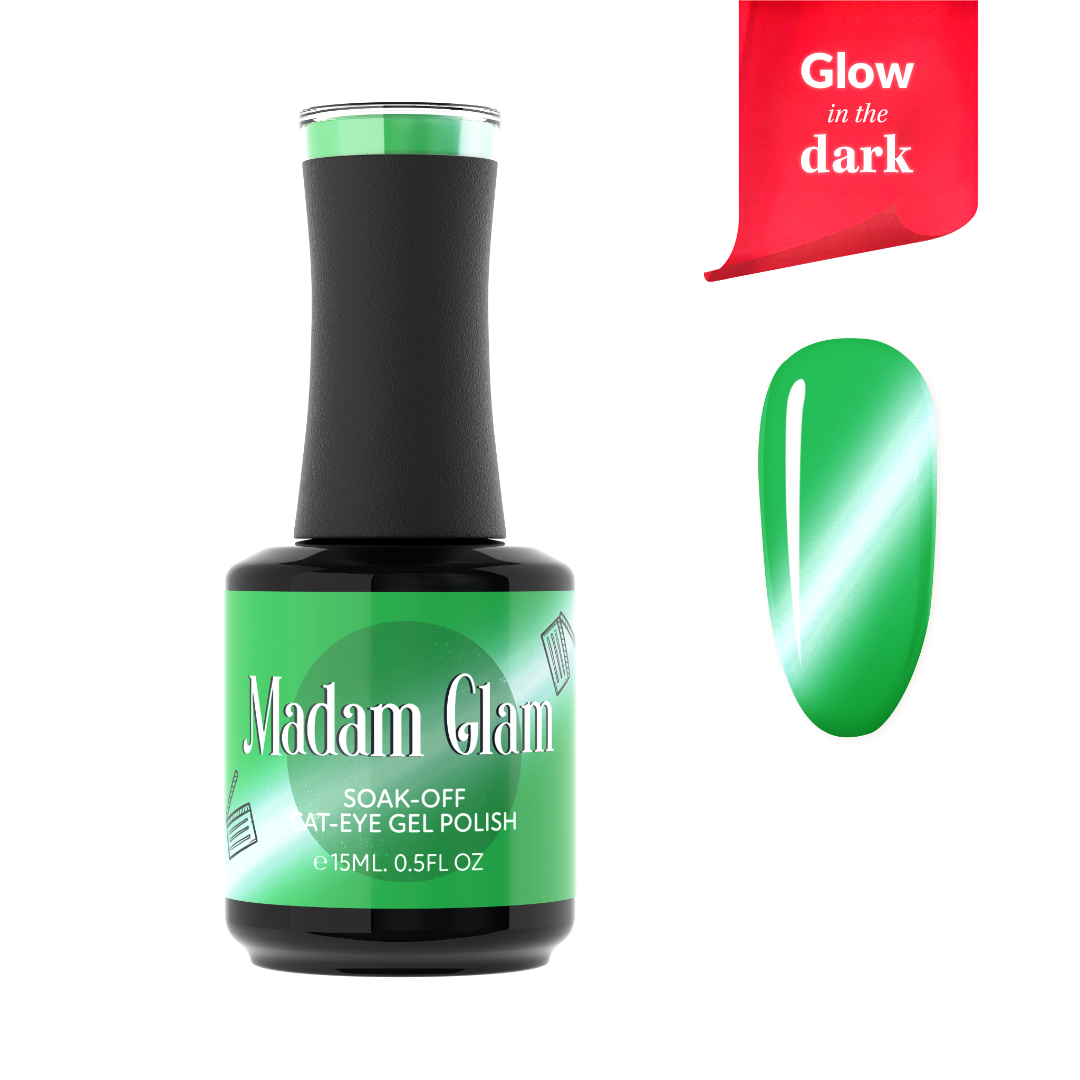 Madam Glam Wish Glow nail polish bottle with holographic label and shiny metallic cap, displayed on a neutral background.